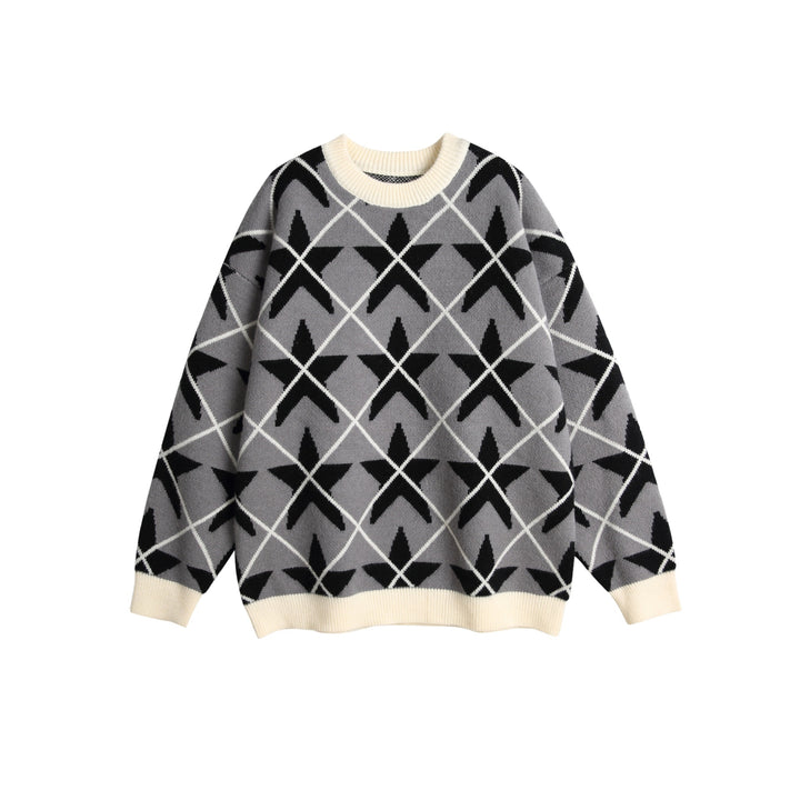 Unisex Chunky Knit Crew Neck Sweater with Star Jacquard Mune Fashion