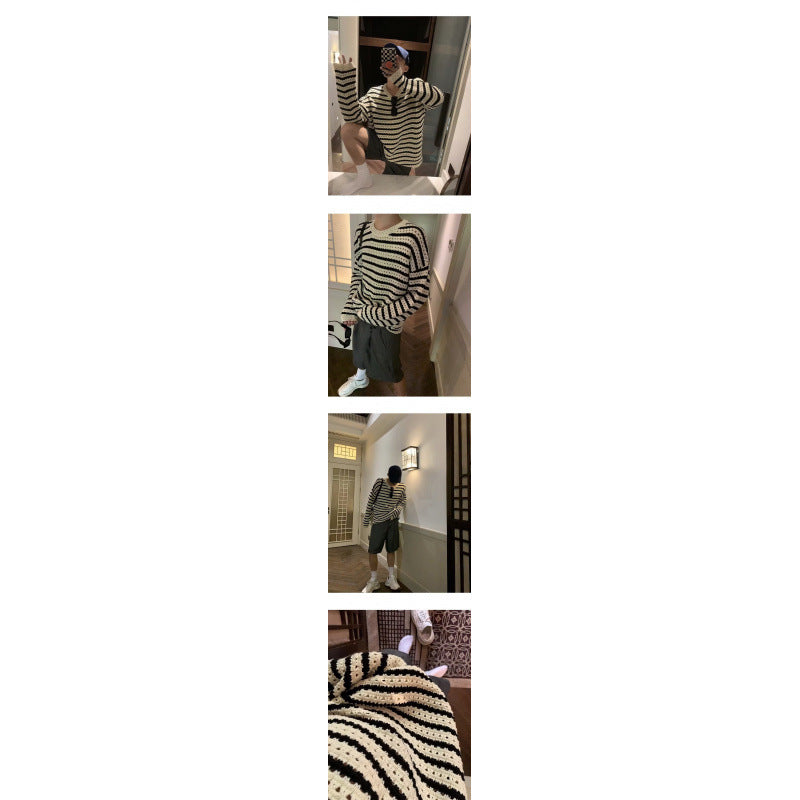 Unisex Thick Knitted Oversized Ajour Sweater with Striped Pattern and V-Neck Mune Fashion