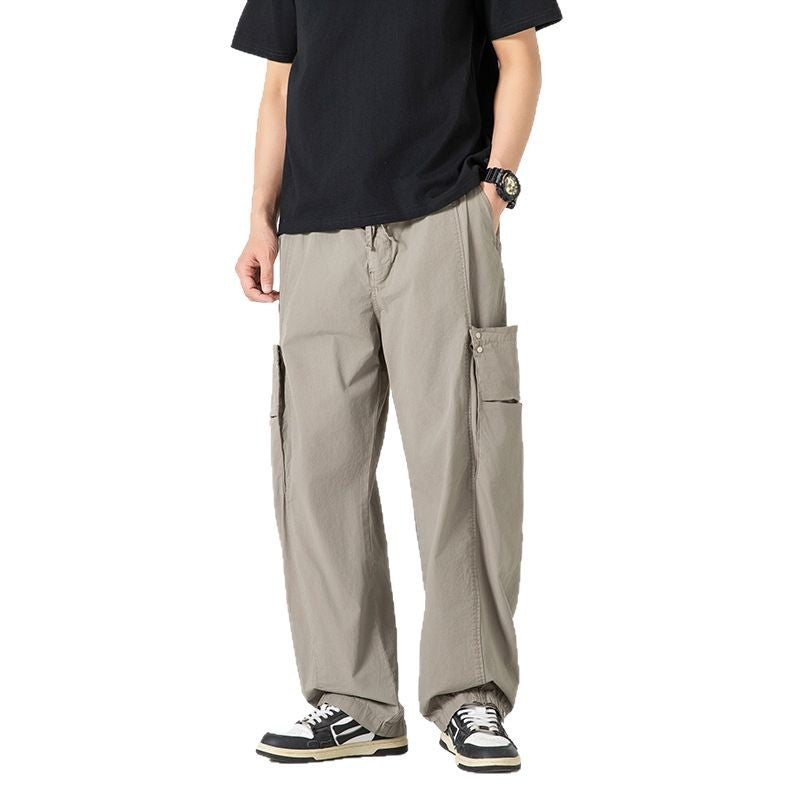 Men's Wide Nylon Cargo Pants in Utility Style with Side Flap Pockets Drune