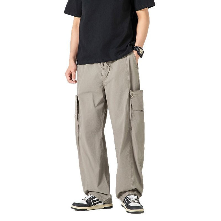 Men's Wide Nylon Cargo Pants in Utility Style with Side Flap Pockets Drune