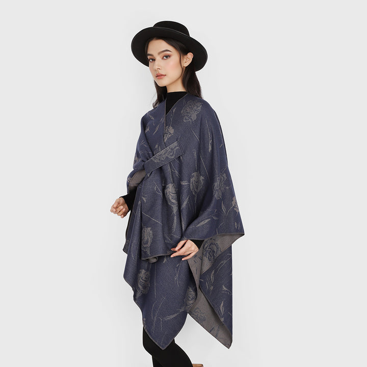 Ladies Reversible Jacquard Wrap with Rose Pattern and Tying Belt Mune Fashion