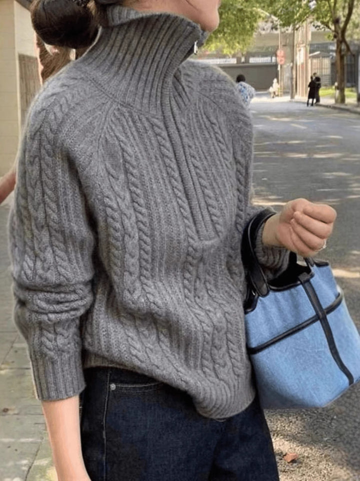 Ladies cable knit polo collar sweater with half zipper and soft mohair look Mune Fashion