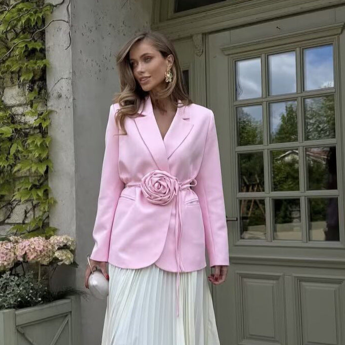 Women's tailored blazer with decorative rose appliqué and tie belt Mune Fashion