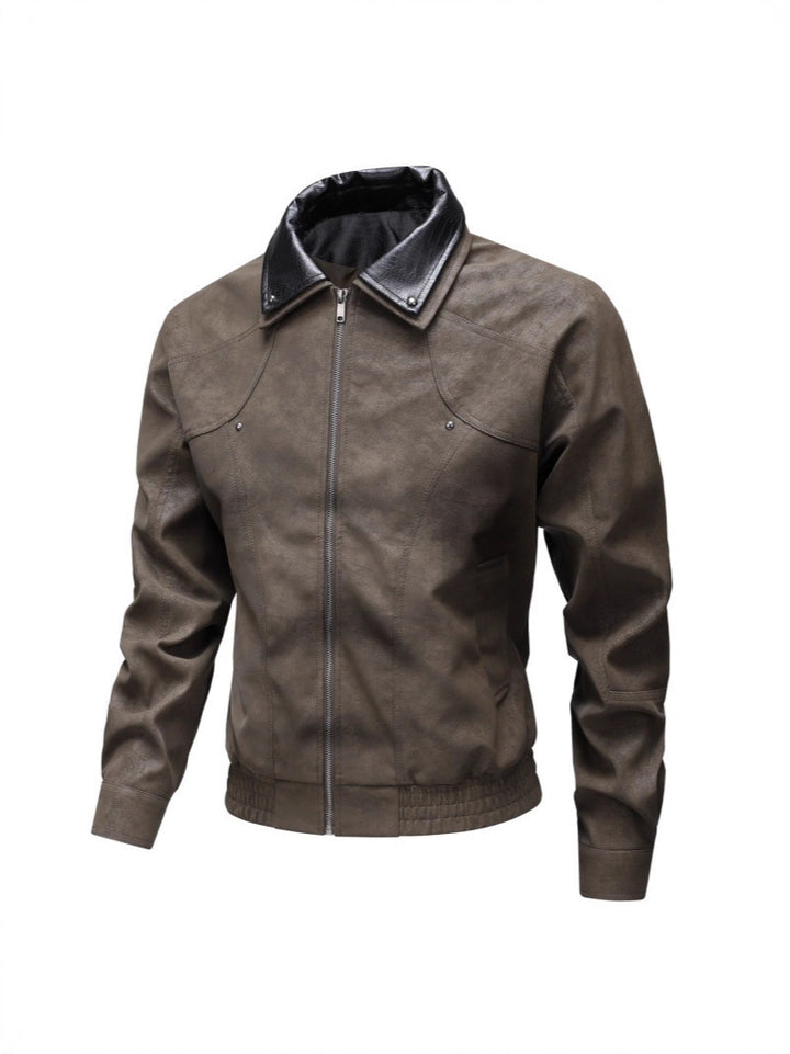Men's Vintage-inspired Faux Leather Blouson Jacket with Contrast Collar Mune Fashion