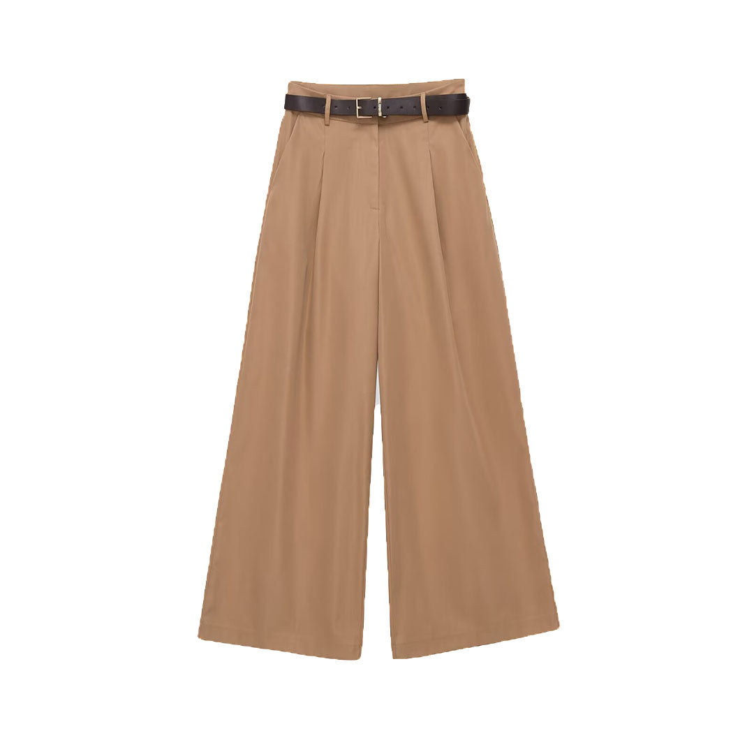 Women's culotte-inspired high-waist palazzo pants with crease and waist belt Mune Fashion