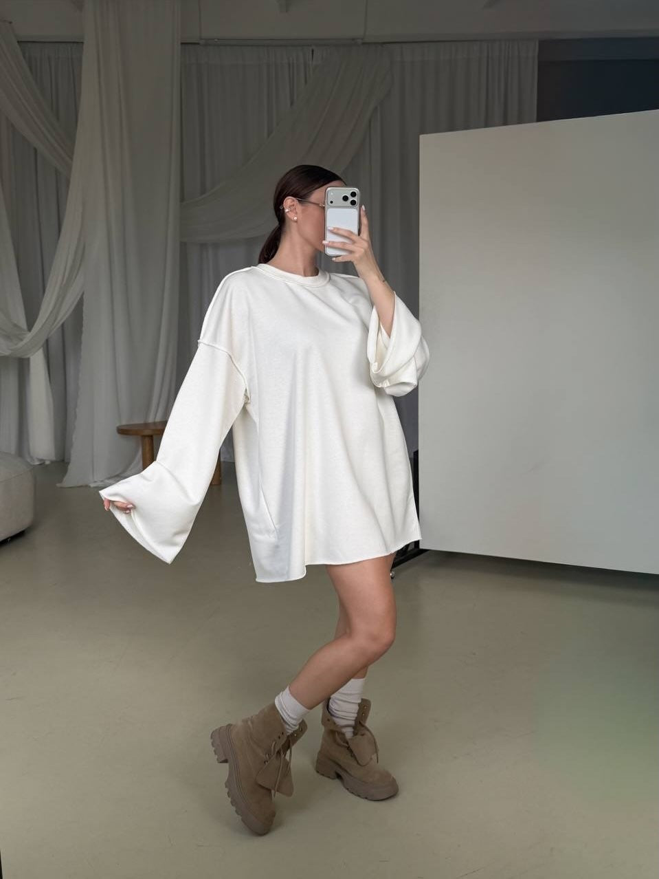 Women Oversized Sweater Dress with Wide Trumpet Sleeves Mune Fashion