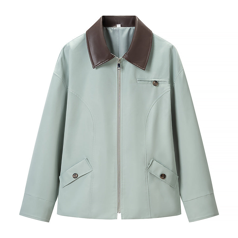 Women's Oversize Jacket in Leather Look with Contrasting Shirt Collar and Zipper Mune Fashion