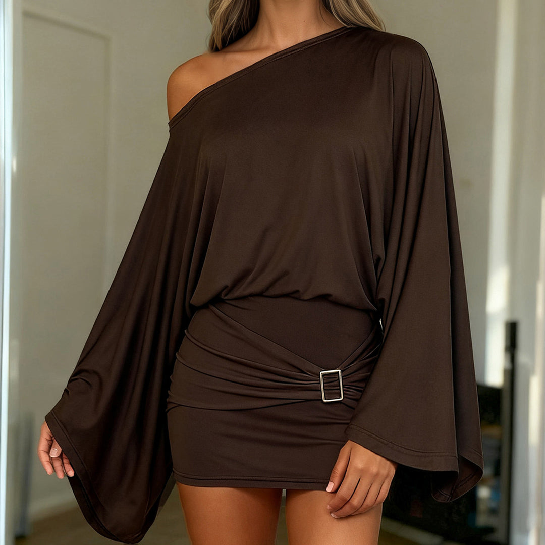 Women's Asymmetrical Draped One-Shoulder Top with Waterfall Sleeves and Waist Belt Mune Fashion