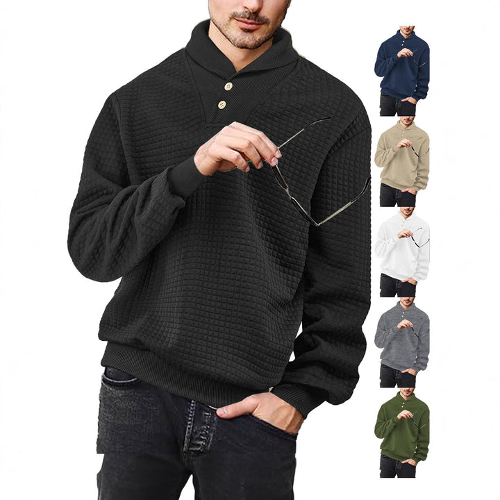 Men's elegant knitted pullover with shawl collar, button placket at neckline and check waffle texture Mune Fashion
