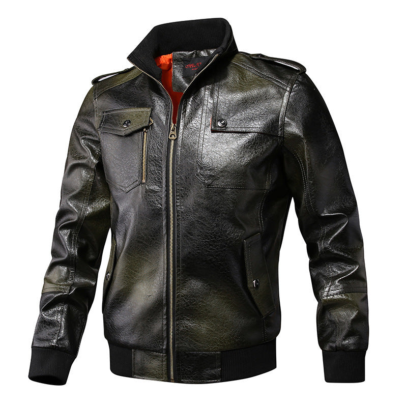 Men's Faux Leather Flight Jacket with Shoulder Epaulettes, Chest Pockets, and Ribbed Cuffs Mune Fashion
