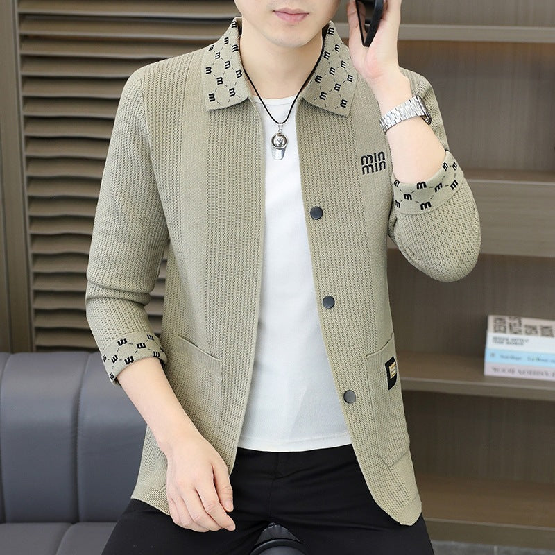 Men's Textured Knit Blazer with Patterned Collar and Button Placket Mune Fashion
