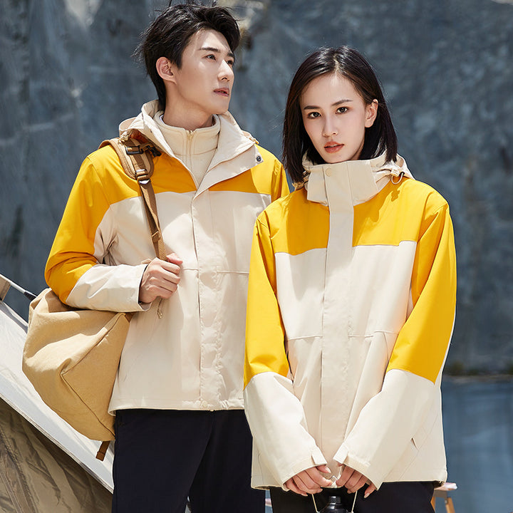 Unisex two-layer water-repellent outdoor jacket with hood and color block design Mune Fashion