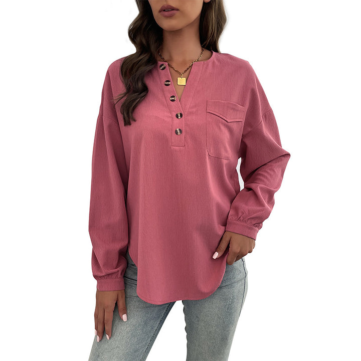 Women's Textured Henley Blouse Shirt with Button Placket and Chest Pocket Mune Fashion
