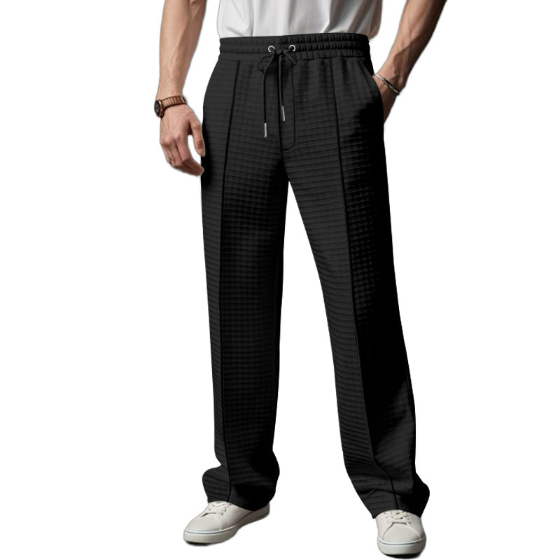 Men's Relaxed-Fit Leisure Pants with Textured Check Pattern, Elastic Waistband & Drawstring