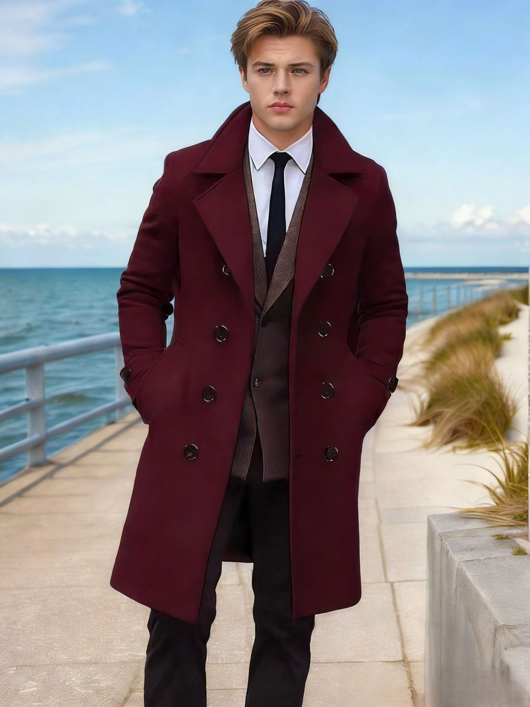 Men's Elegant Single-Breasted Long Coat Made of Wool Blend with Slim Silhouette and Lapel Collar Mune Fashion