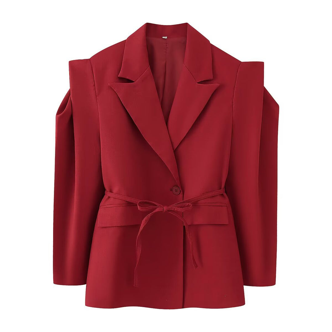 Women's Tailored One-Button Blazer with Tied Belt and Shoulder Cut-Out Mune Fashion