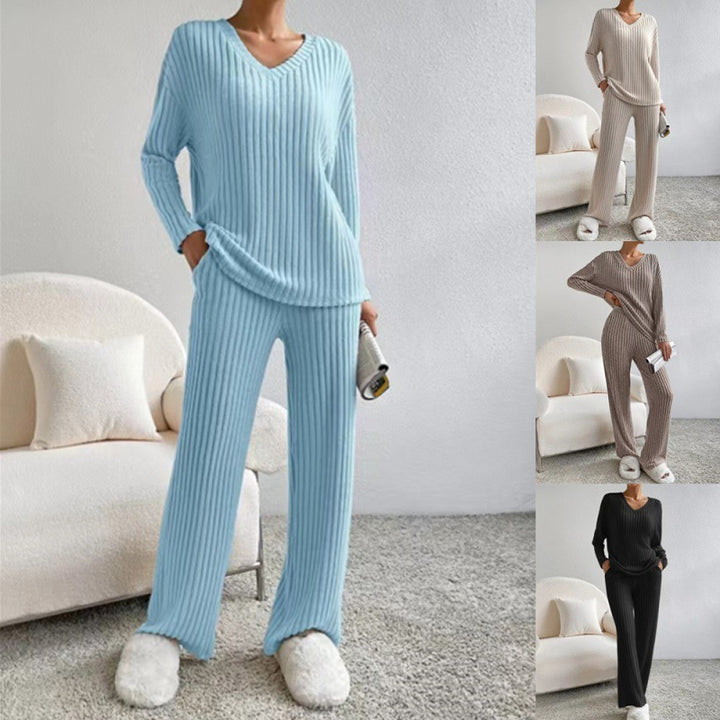 Women Cozy Ribbed Knit Loungewear Set with V-Neck and Wide Leg Mune Fashion