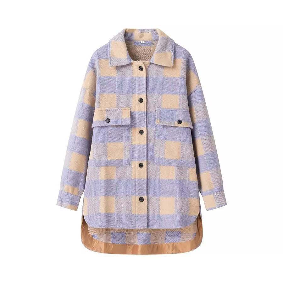 Women's Oversize Check Teddy Jacket with Extended Back and Patch Chest Pockets Mune Fashion