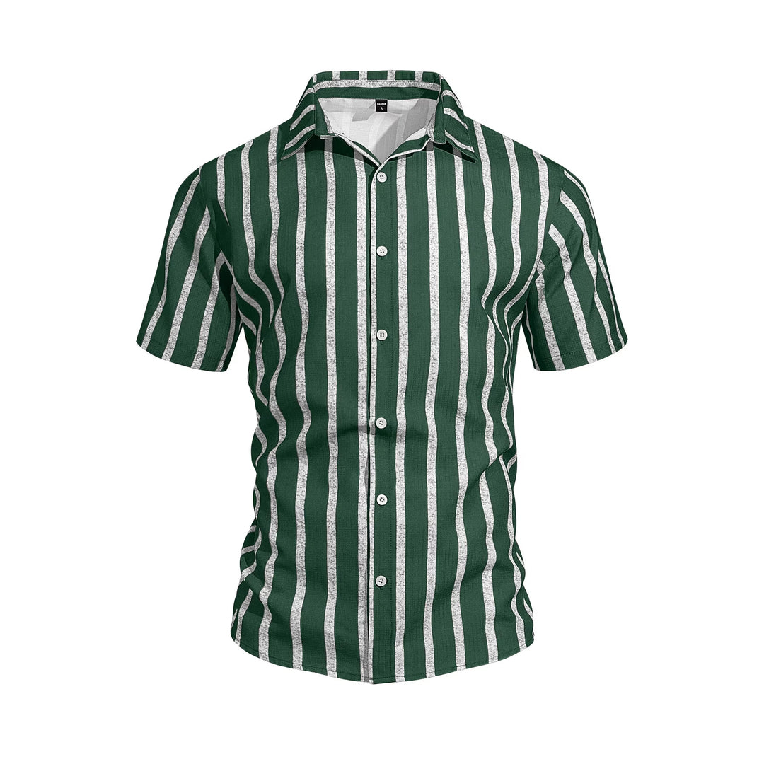 Men's casual short sleeve shirt with vertical block stripes, open lapel collar, and lightweight cotton-linen blend Mune Fashion