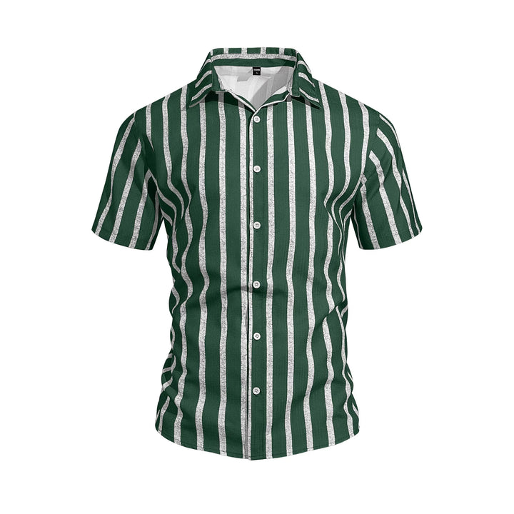Men's casual short sleeve shirt with vertical block stripes, open lapel collar, and lightweight cotton-linen blend Mune Fashion