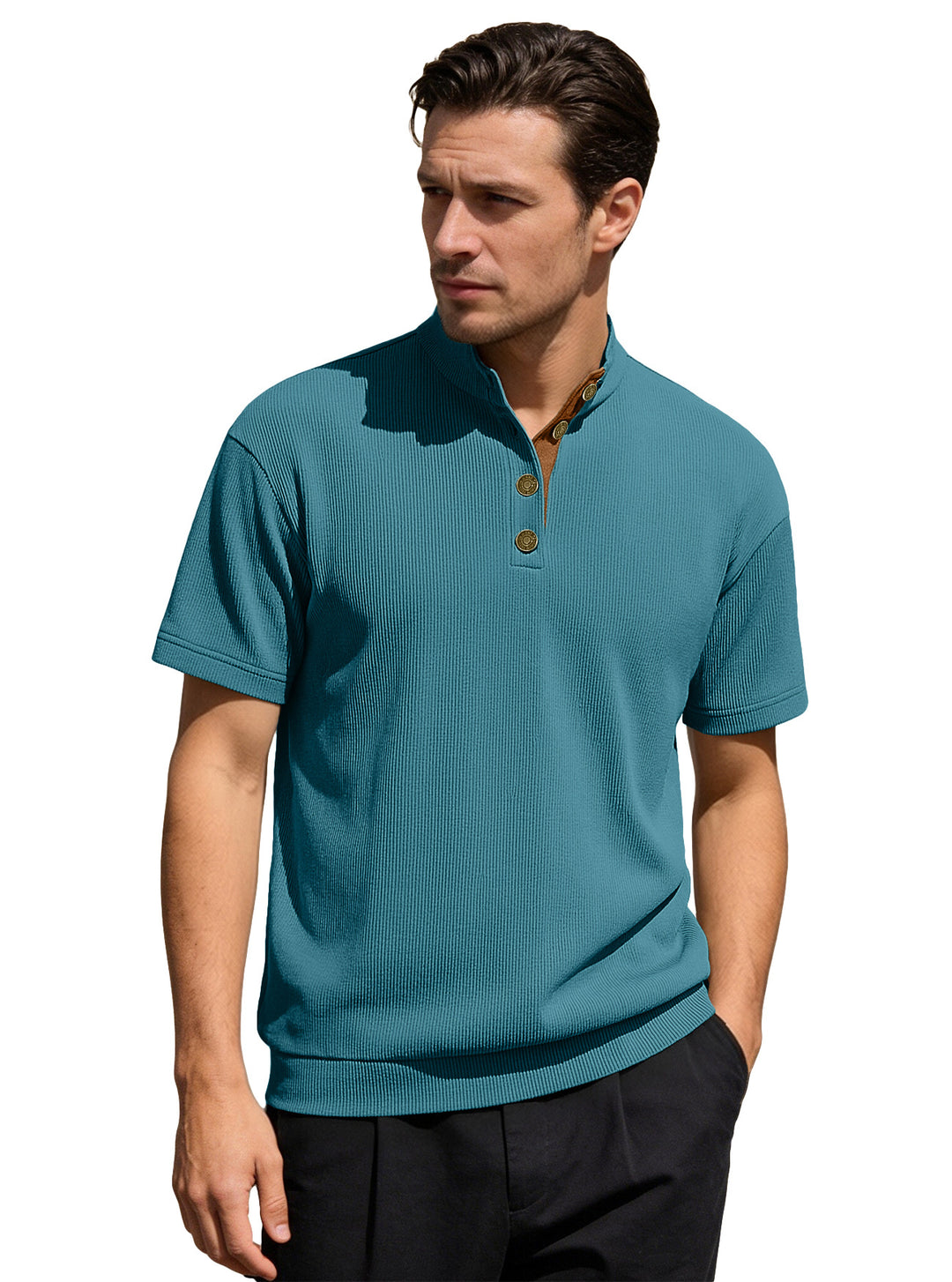 Men's Waffle Structure Short Sleeve Henley with Stand-Up Collar and Decorative Button Placket Mune Fashion