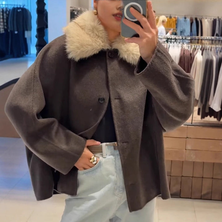 Women's Boxy-Cropped Wool Blend Jacket with Soft Faux Fur Shawl Collar Mune Fashion