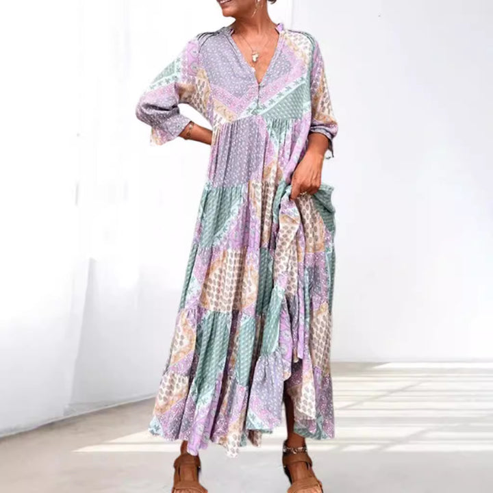 Women's nan Patchwork tiered maxi dress with V-neck, partial button placket, gathered yoke and side pockets Mune Fashion