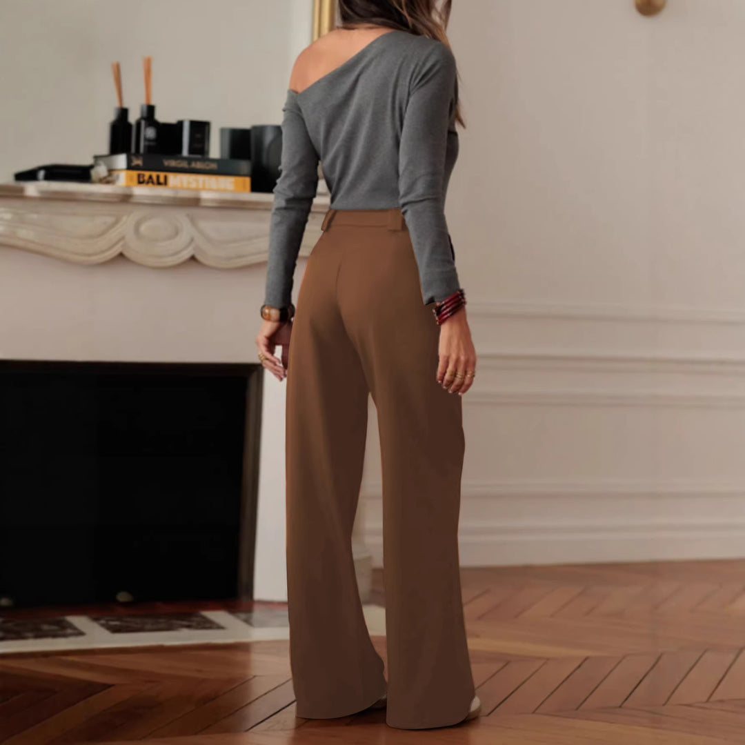 Women's High-Waisted Wide Suit Pants with Pleats and Crease Mune Fashion
