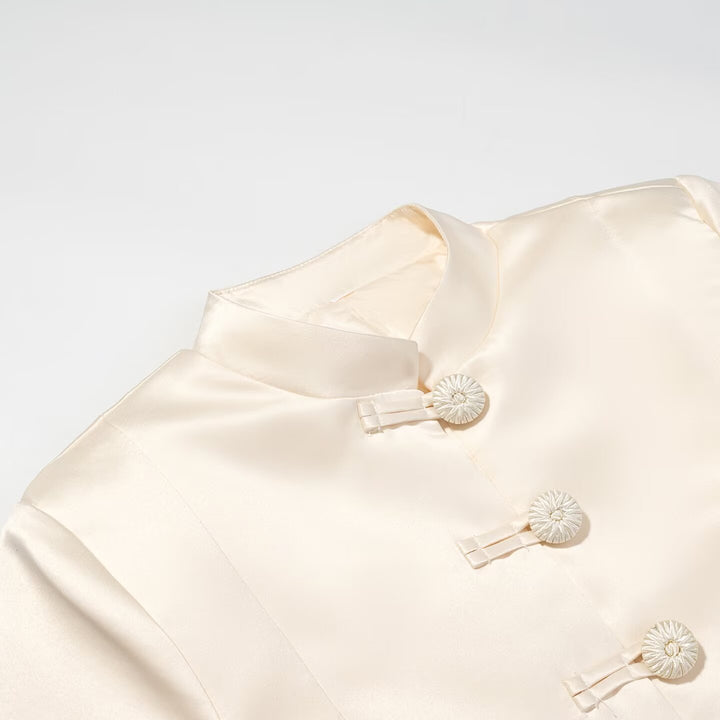 Women Tailored Short Blazer with Stand-Up Collar and Decorative Knot Closures Mune Fashion