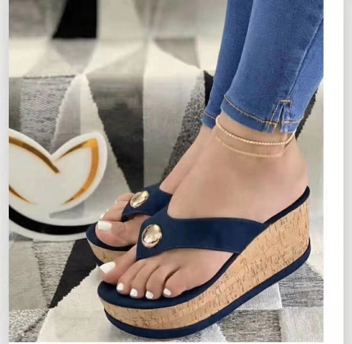 Women's flat sandals with cork wedge heel and decorative button Mune Fashion