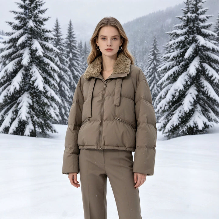 Women's cropped padded jacket with Sherpa collar, high-fitted stand-up collar and concealed zipper Mune Fashion