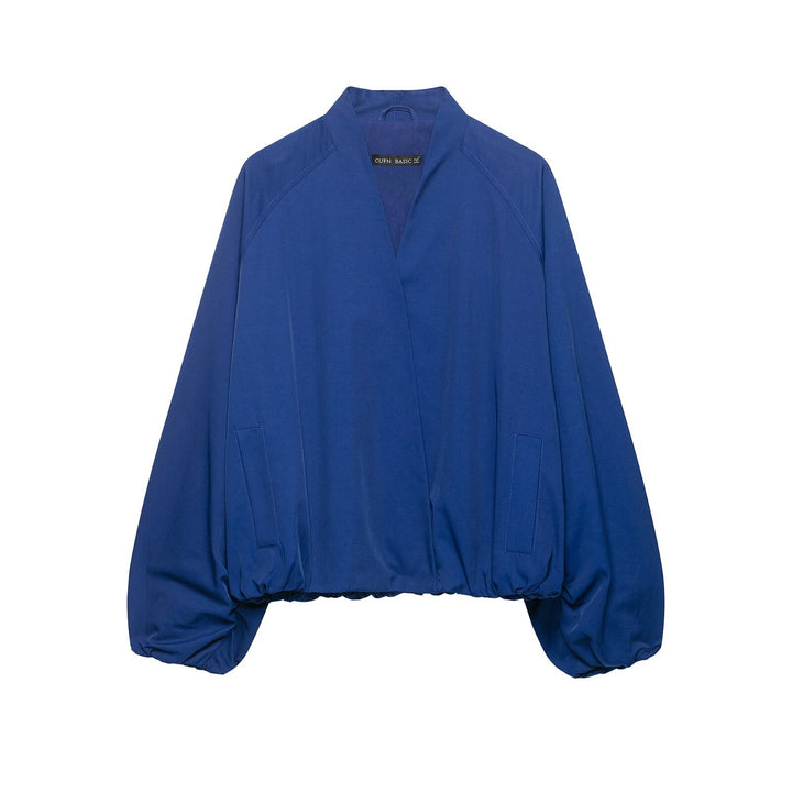 Women's Oversize Cropped Bomber Jacket with Open V-Neck and Elastic Hem Mune Fashion