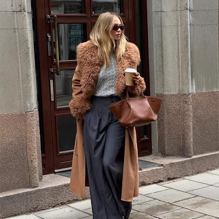 Ladies Maxilength Wool Blend Coat with Detachable Curly Faux Fur Shawl Collar and Fur Cuffs Mune Fashion