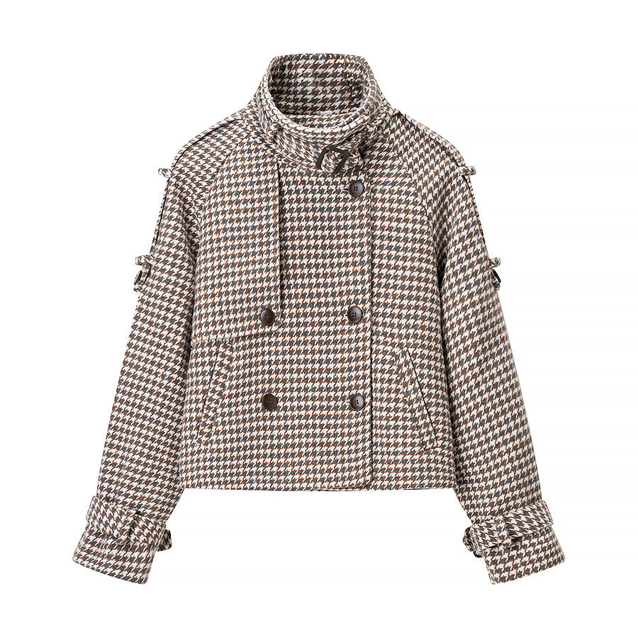 Women Short Houndstooth Wool Blend Coat with Wide Lapel Collar Mune Fashion