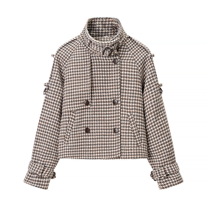 Women Short Houndstooth Wool Blend Coat with Wide Lapel Collar Mune Fashion