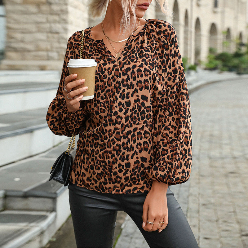 Women Casual Viscose Blouse with Leopard Print, V-Neck and Smocked Sleeve Cuffs Mune Fashion