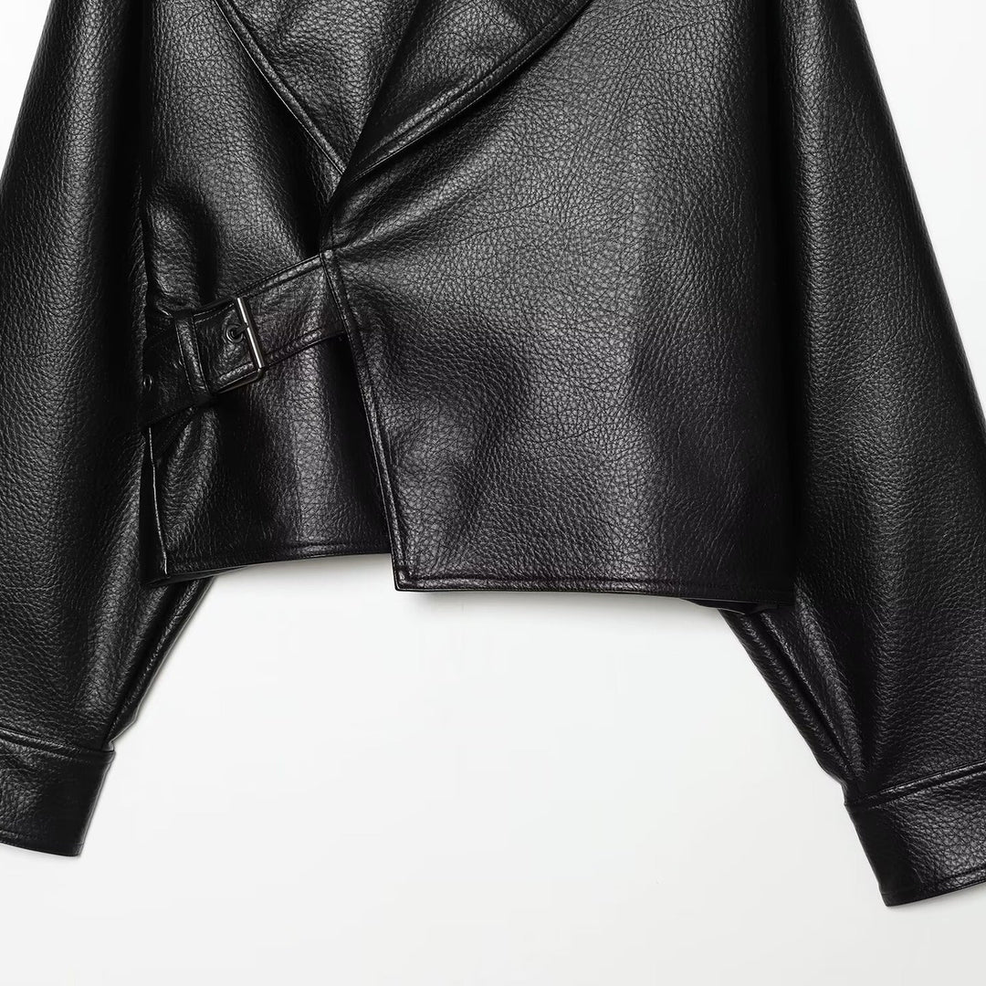 Women's Cropped Leather-Look Jacket with Oversized Shawl Collar and Tailoring Buckle Belt Mune Fashion