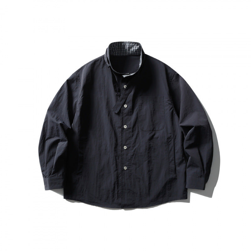 Unisex Wide Crinkle Shirt with High Standing Collar and Concealed Button Placket Mune Fashion