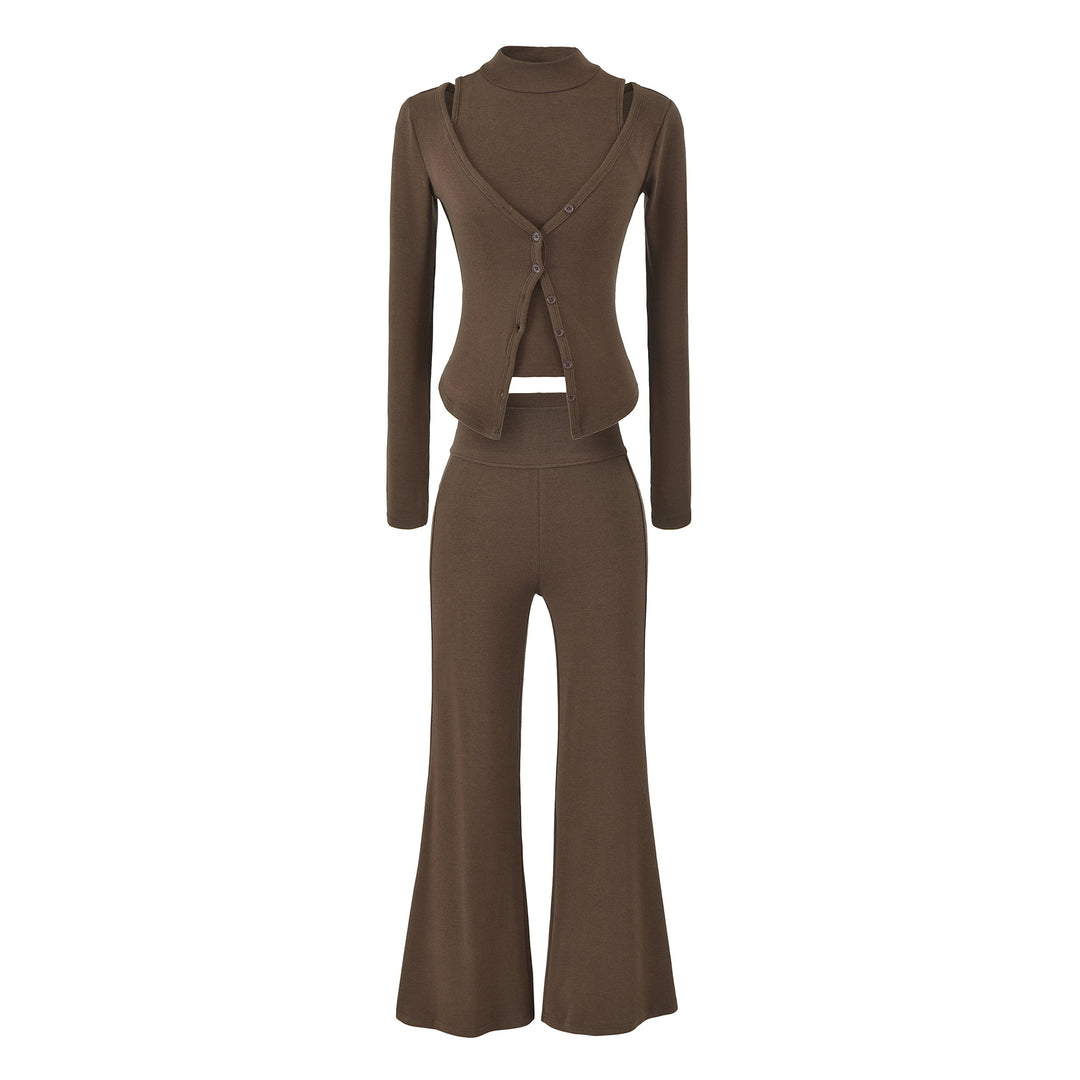 Women Figure-Hugging Layering Set with Turtleneck Long Sleeve and Asymmetrical Button Jacket and Flared High-Waist Pants Mune Fashion