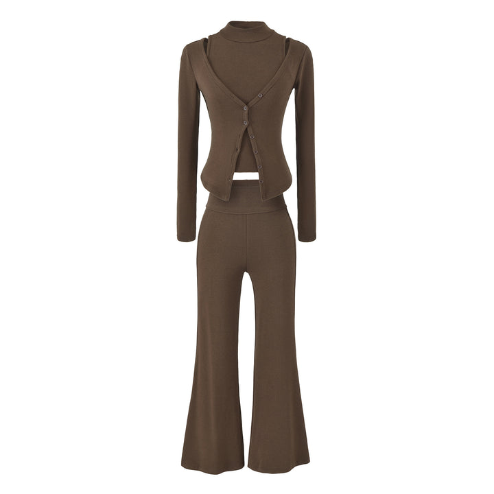 Women Figure-Hugging Layering Set with Turtleneck Long Sleeve and Asymmetrical Button Jacket and Flared High-Waist Pants Mune Fashion