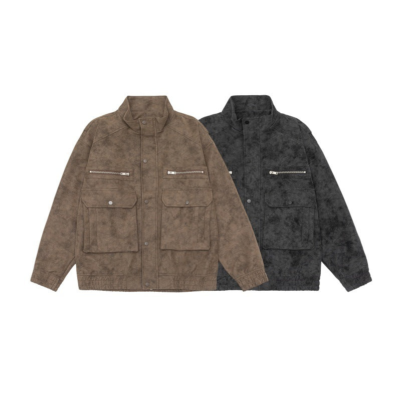Men's Boxy Utility Blouson Jacket in Velour Look with Stand-up Collar and Multiple Pockets Mune Fashion