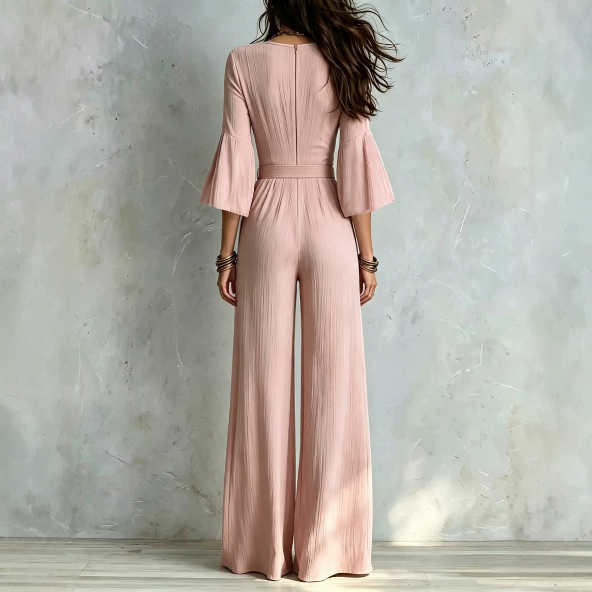 Women's Jumpsuit Wrap Look with Wide Leg, Waist Belt and Bell Sleeves Mune Fashion