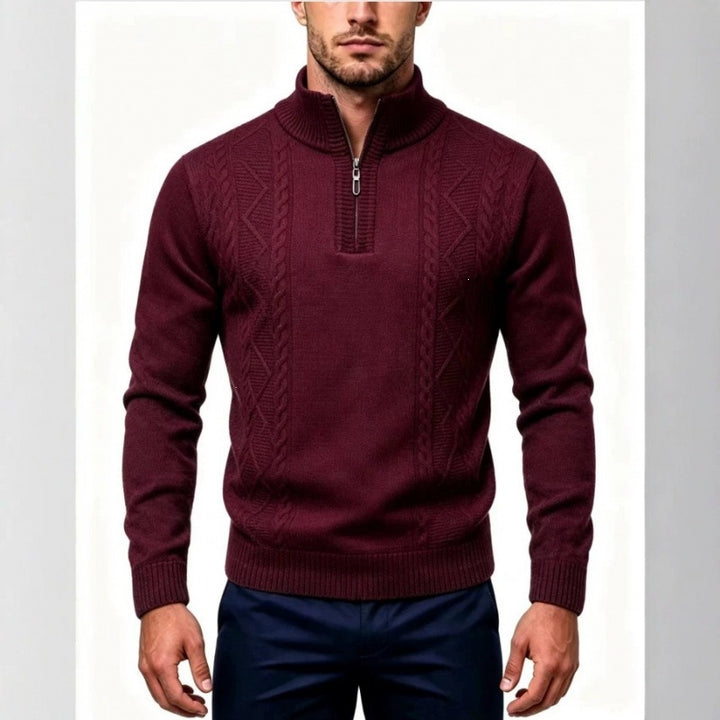 Men's Structured Half-Zip Pullover with Stand-Up Collar and Cable Knit Details Mune Fashion