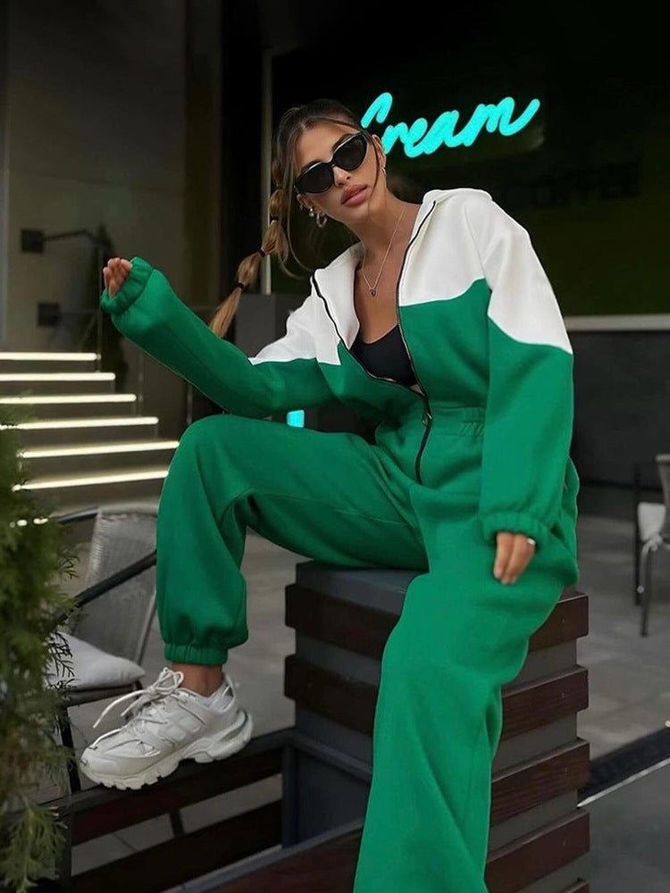 Women's two-piece crop zip hoodie and high-waist relaxed pants with wide leg Mune Fashion
