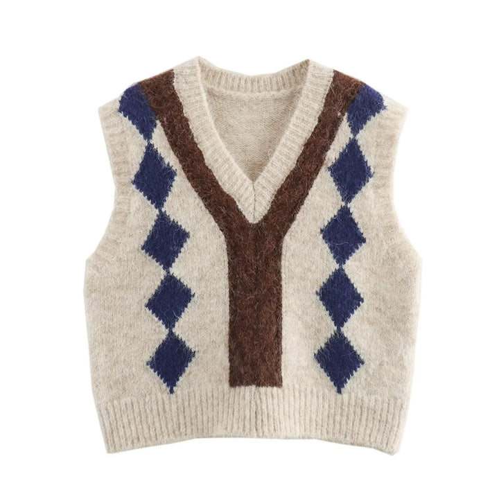 Women's Argyle Knit Vest with V-Neck and Fluffy Mohair Look Mune Fashion