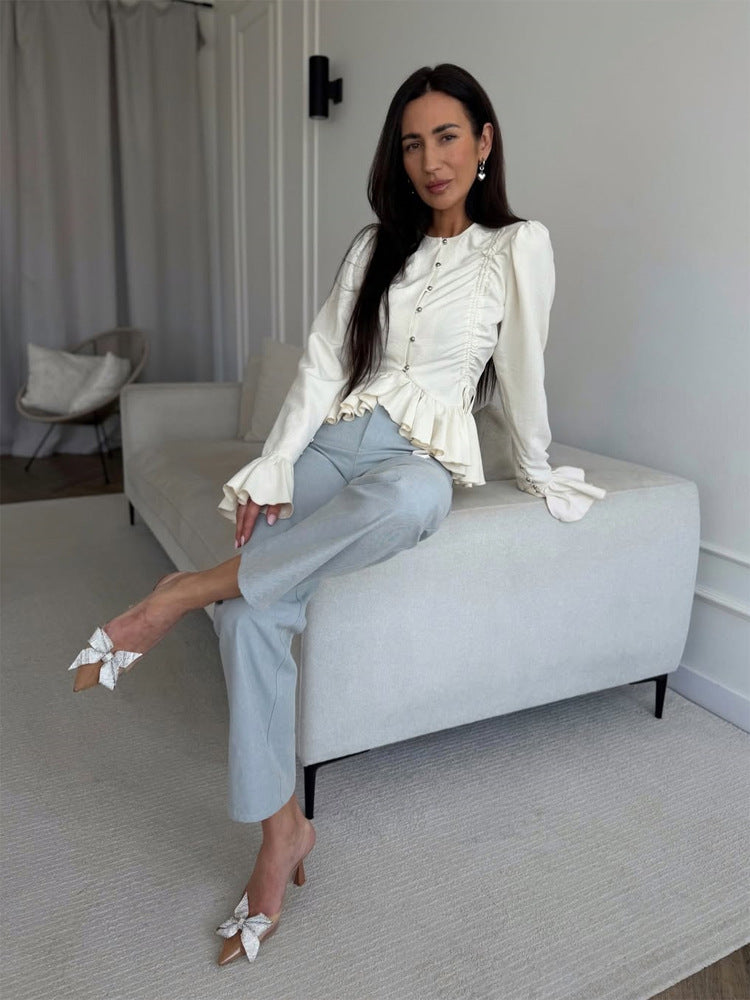 Women's Ruffled Fitted Blouse with Peplum & Puff Sleeves Mune Fashion