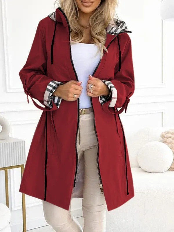 Women's tailored rain parka with hood checkered lined inner collar and drawstring Mune Fashion