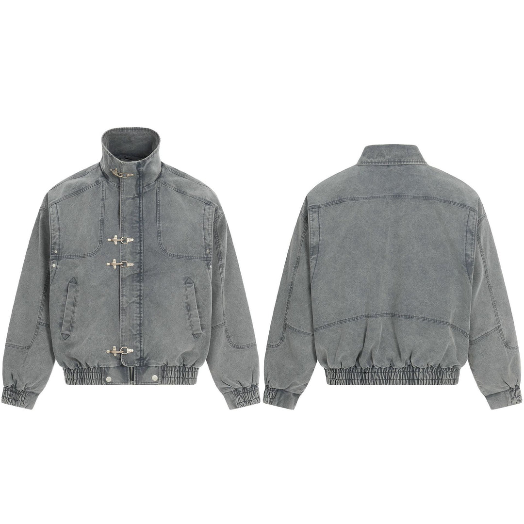Men's Short-Cut Canvas-Denim Field Blouson with Toggle Closures and High Stand-Up Collar Mune Fashion