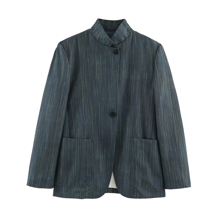 Women's Long Cut Blazer with Stand-up Collar and Patch Pockets Mune Fashion