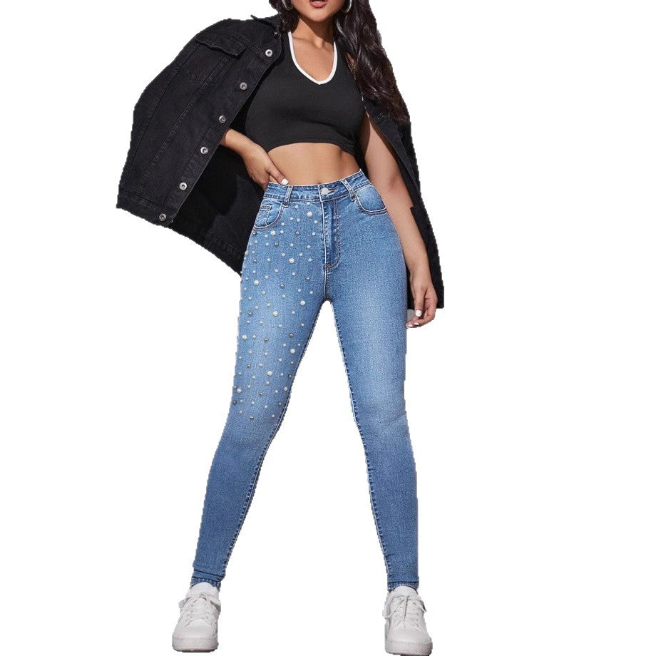 Women High-Rise Sculpting Skinny Jeans with Asymmetric Pearl Pattern Mune Fashion